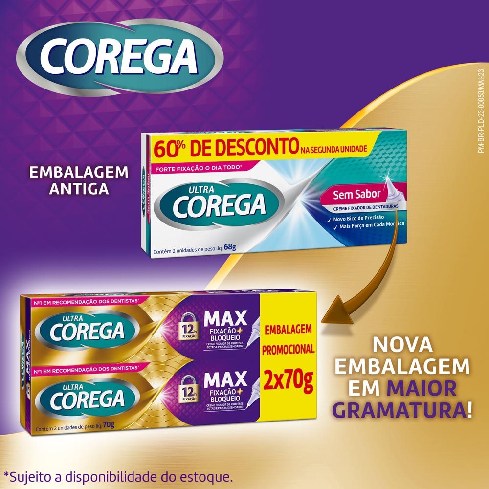 Detalhes do Corega Ultra Creme Fixador de Dentadura Max Fixação e Bloqueio 2 Unidades 70g cada