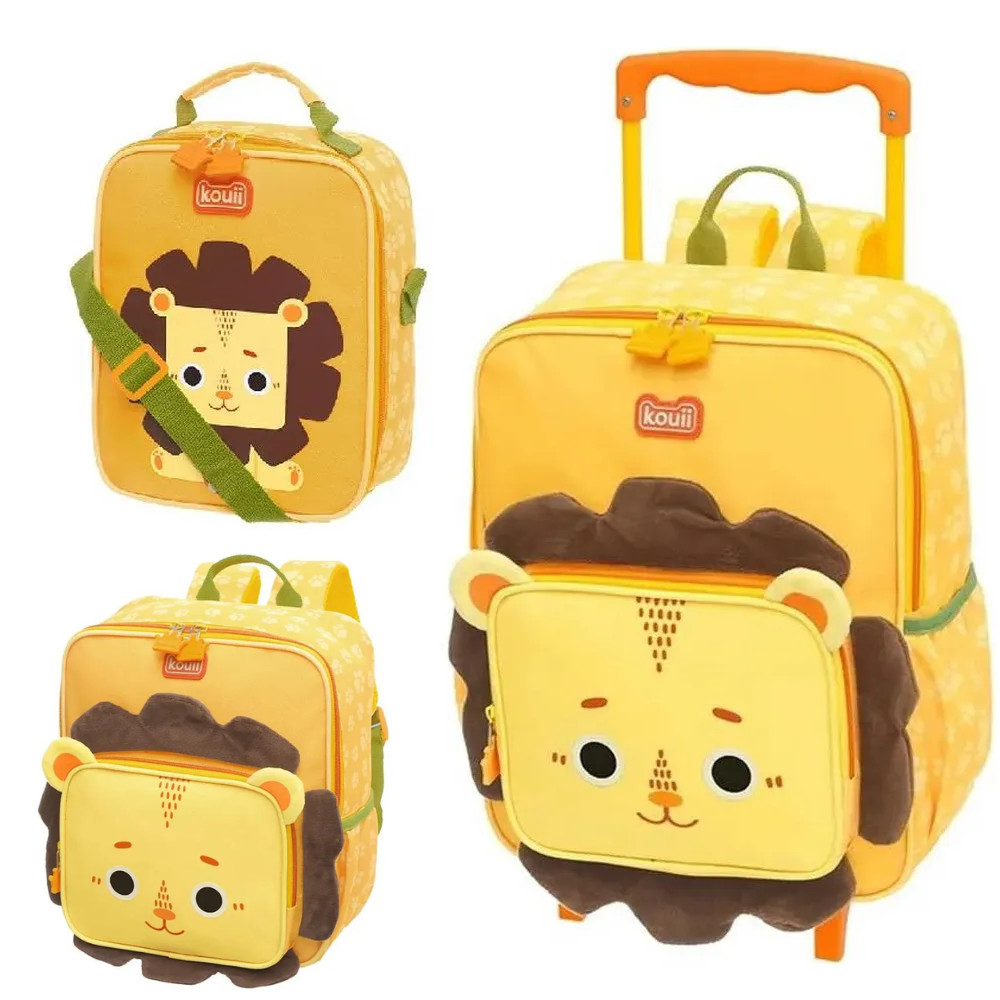KIT MOCHILA RODINHAS E MOCHILA COSTAS + LANCHEIRA LEÃO - KOUII