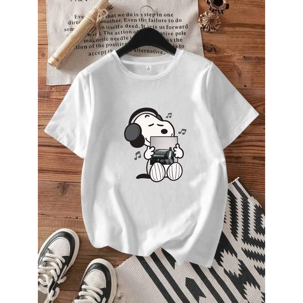 Camiseta Unissex Casual Plus Size Em Algodão Puro Com Estampa Da Capa Do Álbum Musical Do Snoopy