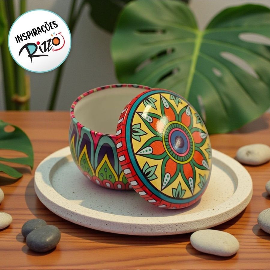 Lata De Metal Estampa De Mandala - Verde, Azul e Vermelho - 7x7x4cm - 130ml - 1 unidade - Rizzo