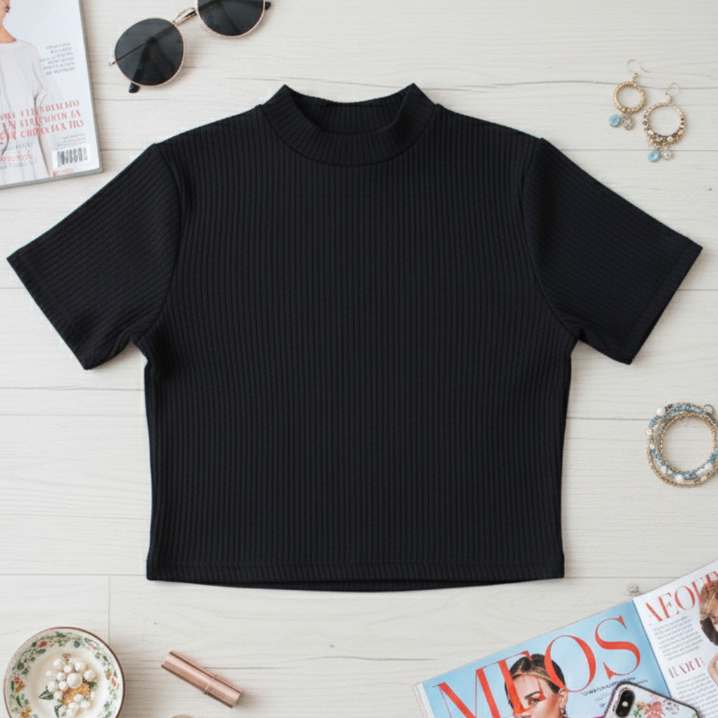 Blusa Cropped Canelado Feminino Manga Curta Slim Premium Moda Gringa Blogueira Casual Gola Media Top Confortável Verão