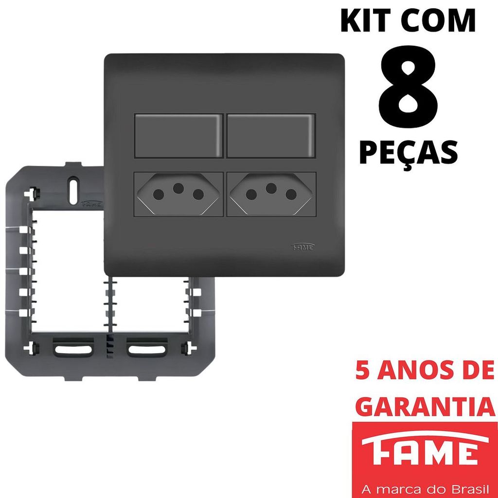 8un Interruptor Paralelo Three Way 10A 2 Teclas e Tomada Padrão Dupla 2P+T 20A Com Placa 4X4 Habitat Black Preto FAME