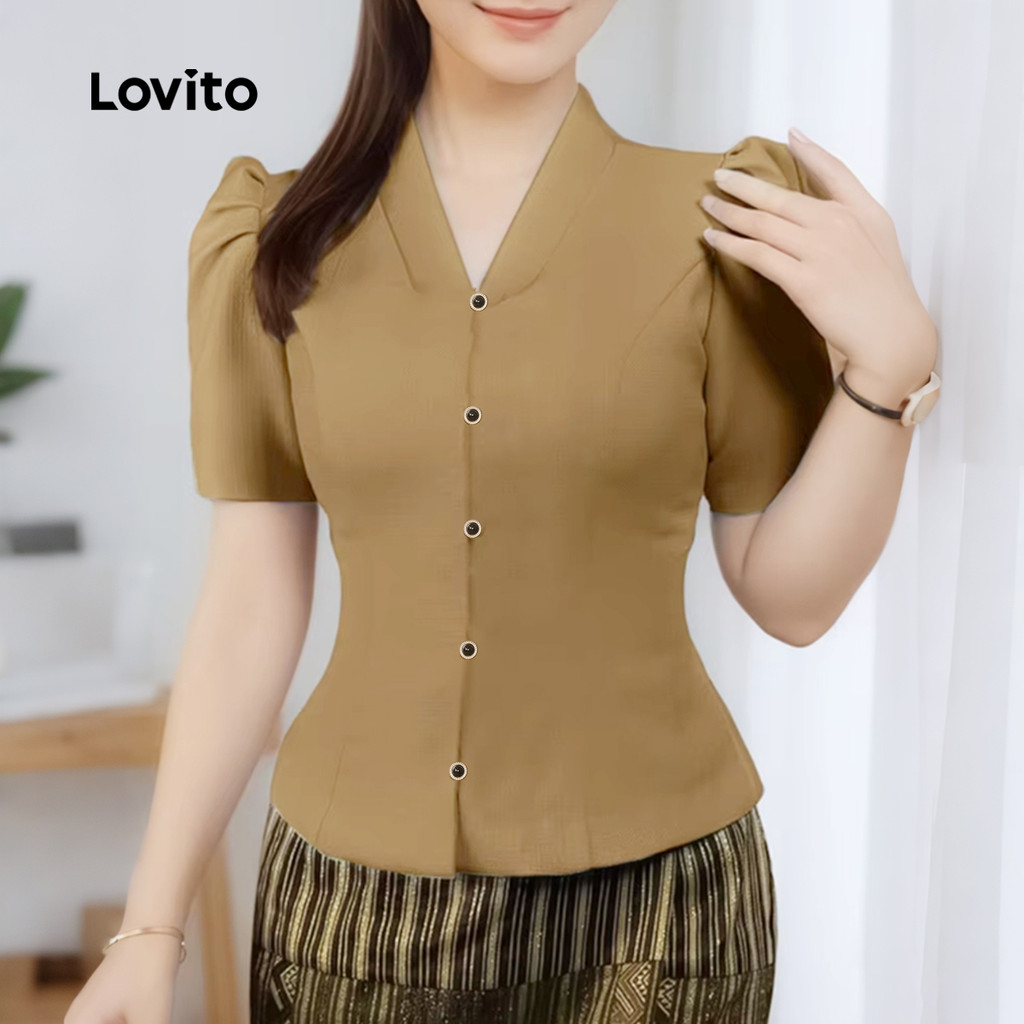 Lovito Blusa Elegante Plissada Primavera/verão Blusa Cáqui para Mulheres L164LD293 em Oferta na Shopee