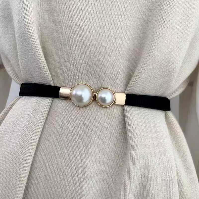 Nova Moda Imitação De Pérola Fivela Elástica Ajustável Retro Cinto Vestidos Escritório Chique