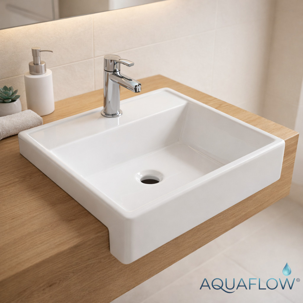 Pia Cuba para Banheiro Quadrada Semi Encaixe 41x41cm Louça Lavabo em Porcelana Branca Lavatório