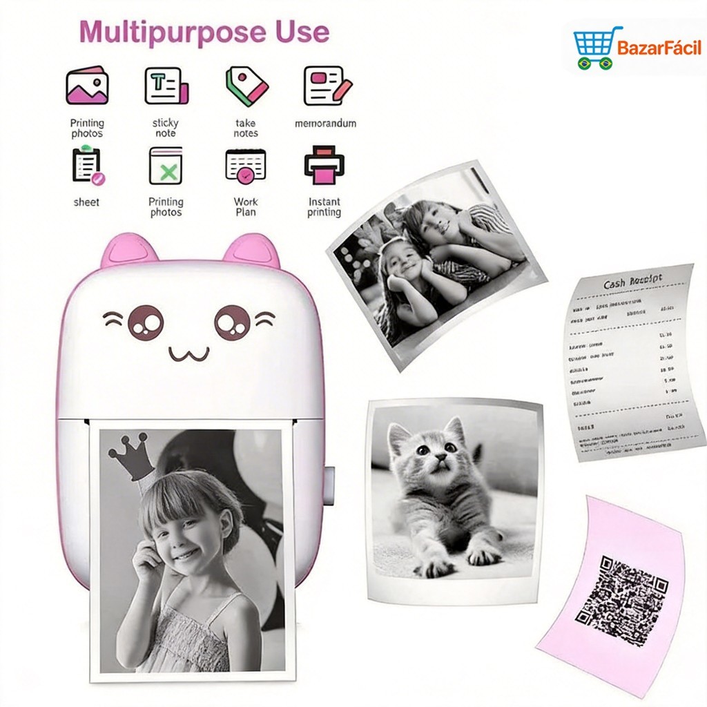 Impressora Térmica Portátil Compacta com Design Animado Impressora Sem Fio para Fotos Compatível +5 Rolo Papel