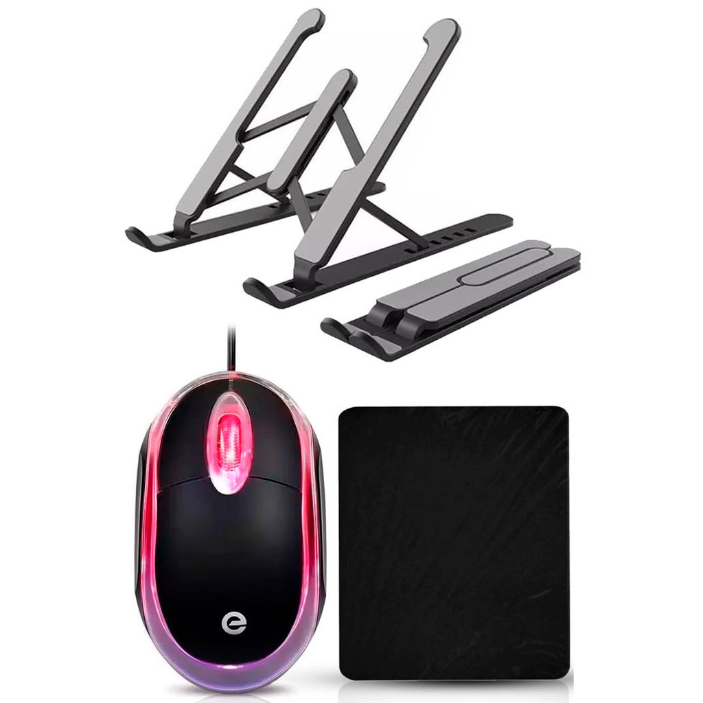 Kit Mouse Usb Óptico Com Fio exbom + Mouse Pad Pequeno 17x21cm + Base para notebook