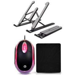 Kit Mouse Usb Óptico Com Fio exbom + Mouse Pad Pequeno 17x21cm + Base para notebook