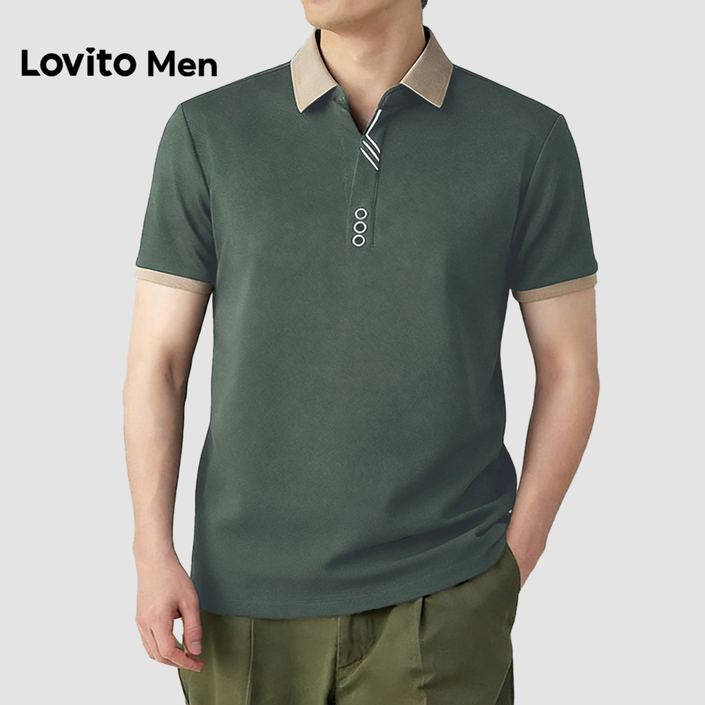 Lovito Men Manga Curta Casual Camisa Polo Botão Colorida Verde Primavera/Verão L