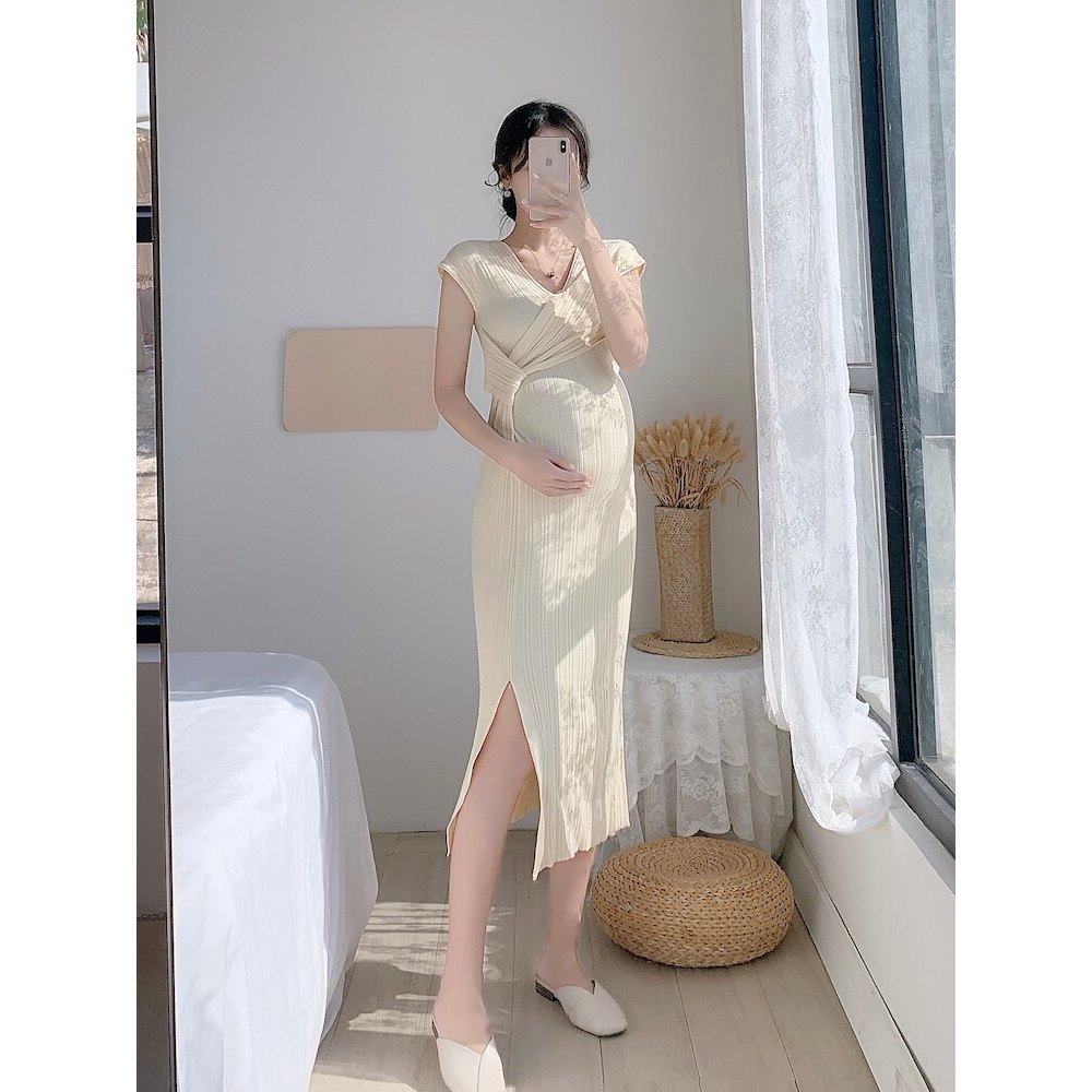 Vestido de verão para maternidade, vestido de malha de seda gelada com decote em v, camiseta de verão, manga curta, temp