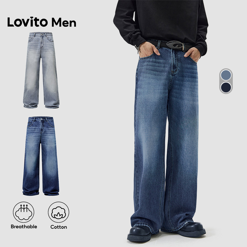 Lovito Men Jeans Casuais Lavados com Bolso Azul para Homens LNE138154 em Oferta na Shopee