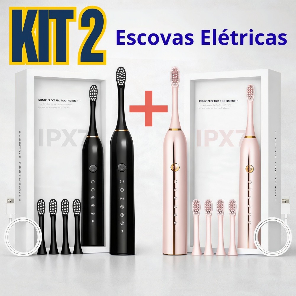 Conjunto 2 Escovas de Dente Elétricas Recarregáveis, IPX7, 6