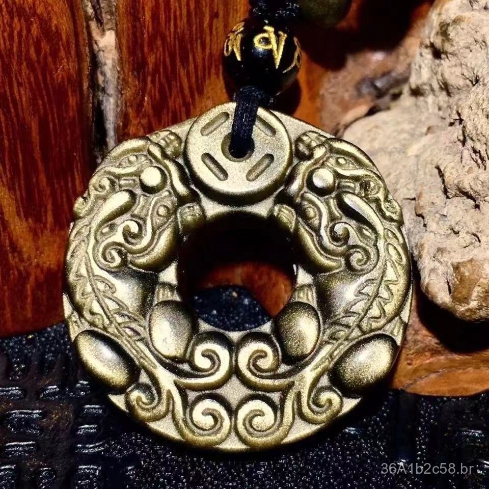 Fornecido diretamente pelo fabricante: Pingente Pixiu de obsidiana com olhos iridescentes, fivela de segurança dupla Pix