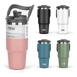 Copo Térmico Tyeso 600ml com Alça Tampa Dupla Entrada Antivazamento Cabe no Suporte de Carro Aço Inox Isolado a Vácuo