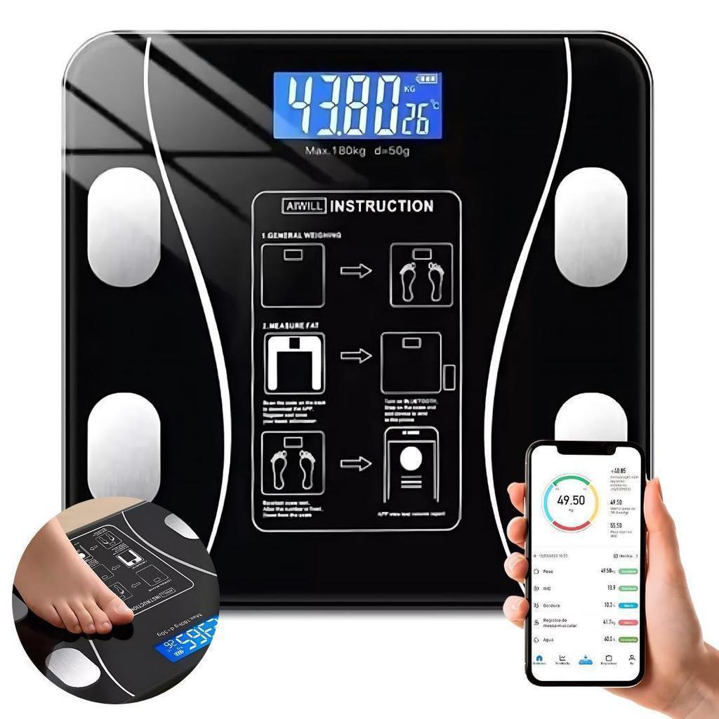 Balança Digital Bioimpedância 180kg Bluetooth Com App IMC Gordura Corporal Vidro Temperado