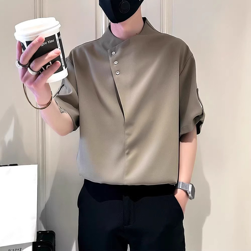 Camisa masculina de manga curta com gola alta camisa de manga curta masculina High-End sentido rufião bonito camisa de s