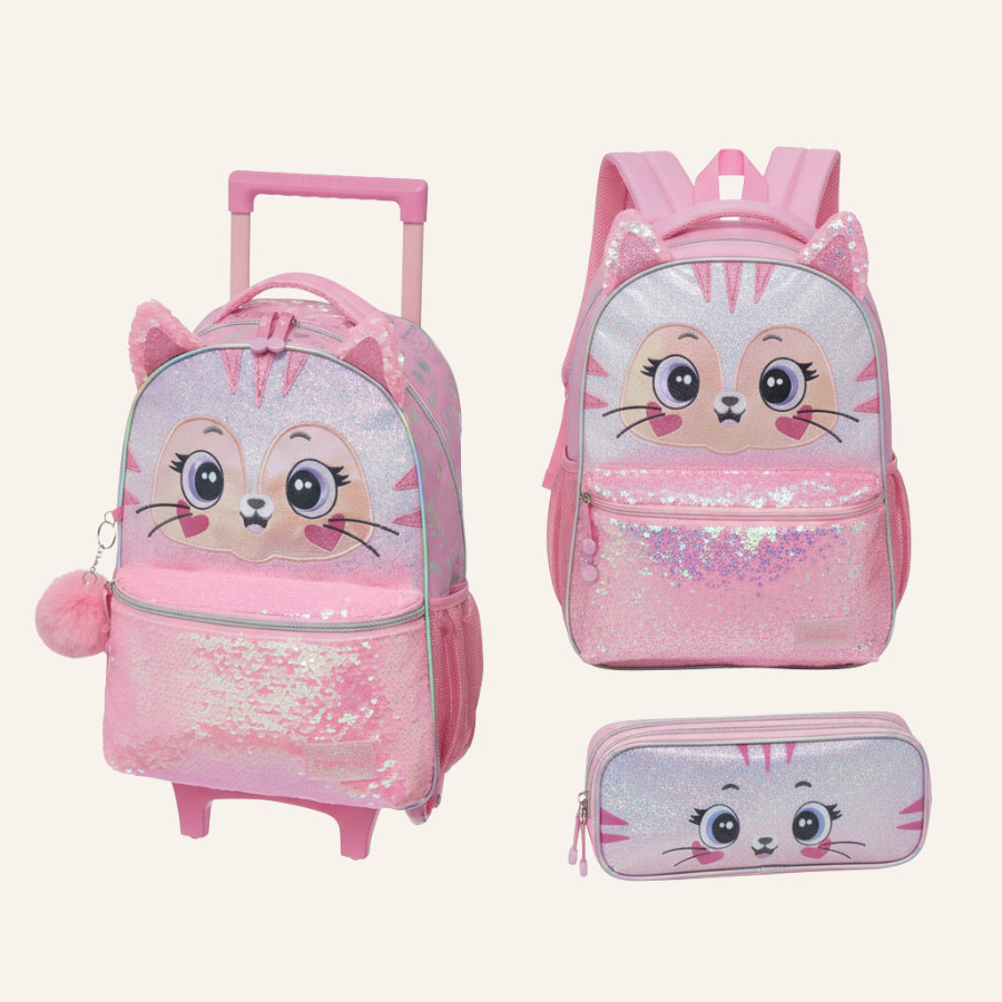 Mochila Rodinhas Costas e Estojo Kitten Gatinho Glitter Pacific em Oferta na Shopee