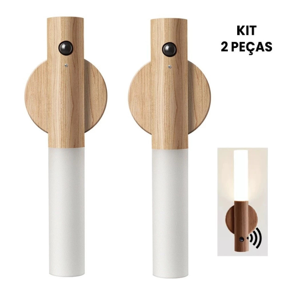 kit 2 Luminária Luz Led Recarregável Sensor de Movimento Arandela de Madeira Minimalista Para Mesa Parede