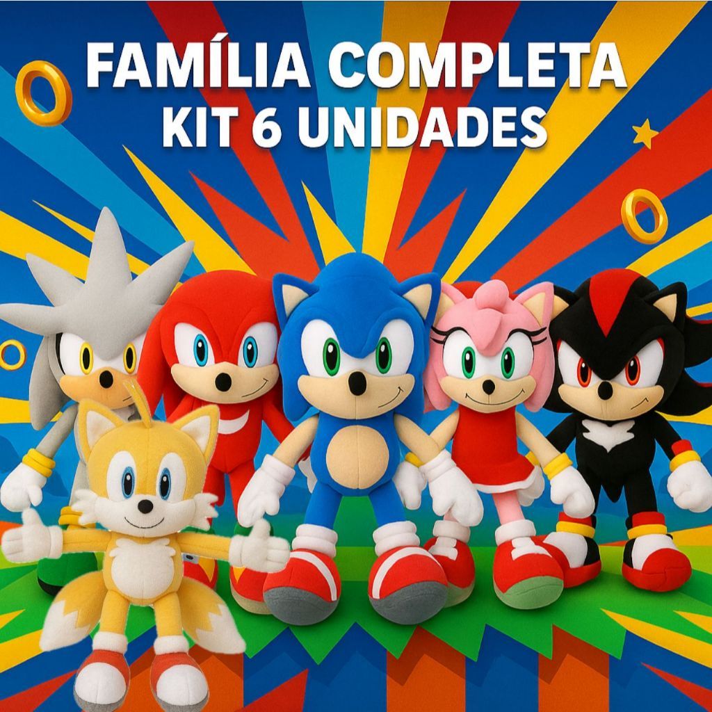 KIT 6 Pelucia 50CM Sonic Tails Amy Shadow Knuckles Silver Menino Urso de pelúcias Brinquedo Boneco