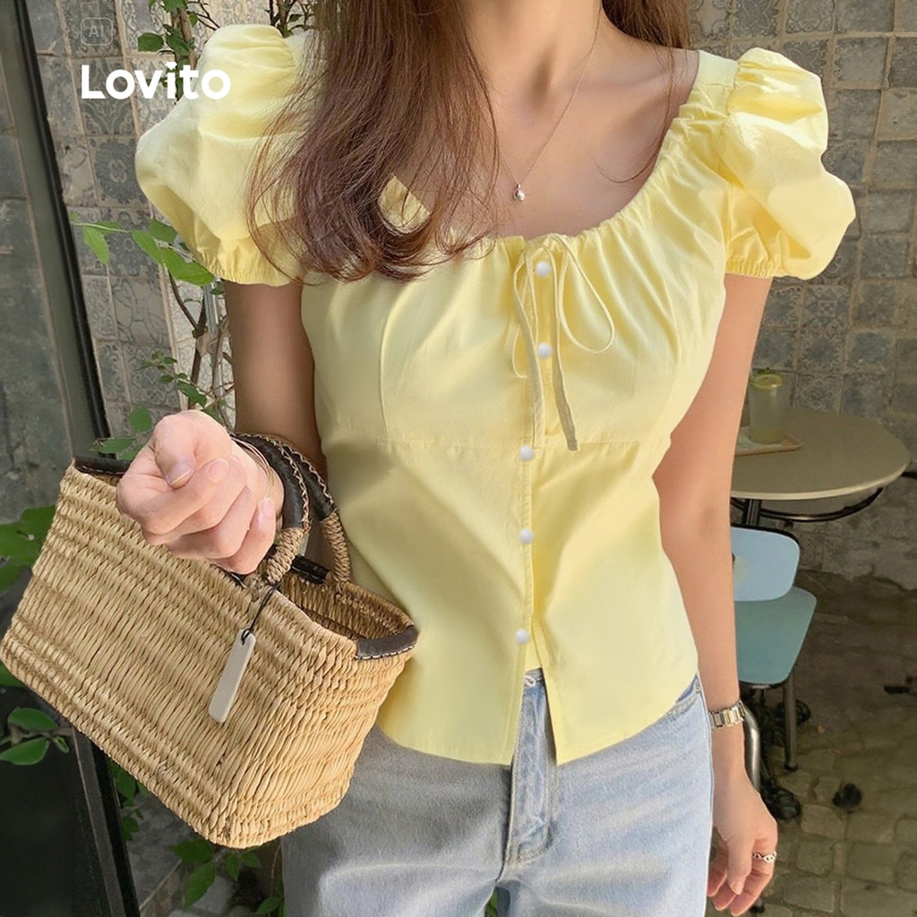 Lovito Blusa Casual De Férias Com Botões Frontais E Amarração Nas Costas Cor Amarela Primavera/verão L137LD457 em Oferta na Shopee