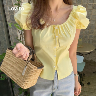 Lovito Blusa Casual De Férias Com Botões Frontais E Amarração Nas Costas Cor Amarela Primavera/verão L137LD457 em Oferta na Shopee