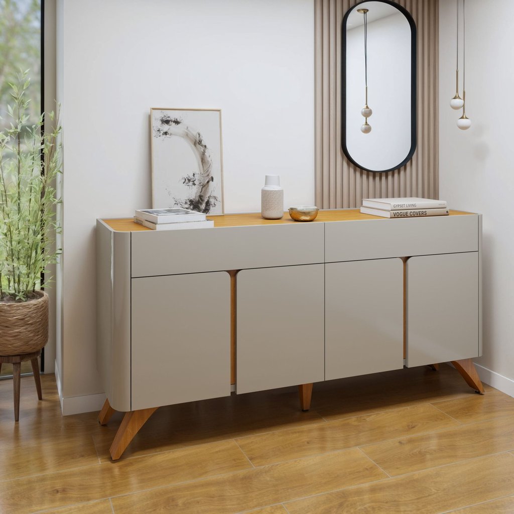 Buffet para Sala de Jantar Laqueado 100% MDF 4 Portas 172cm Pés em Madeira Maciça Aros Off White/Naturalle em Oferta na Shopee