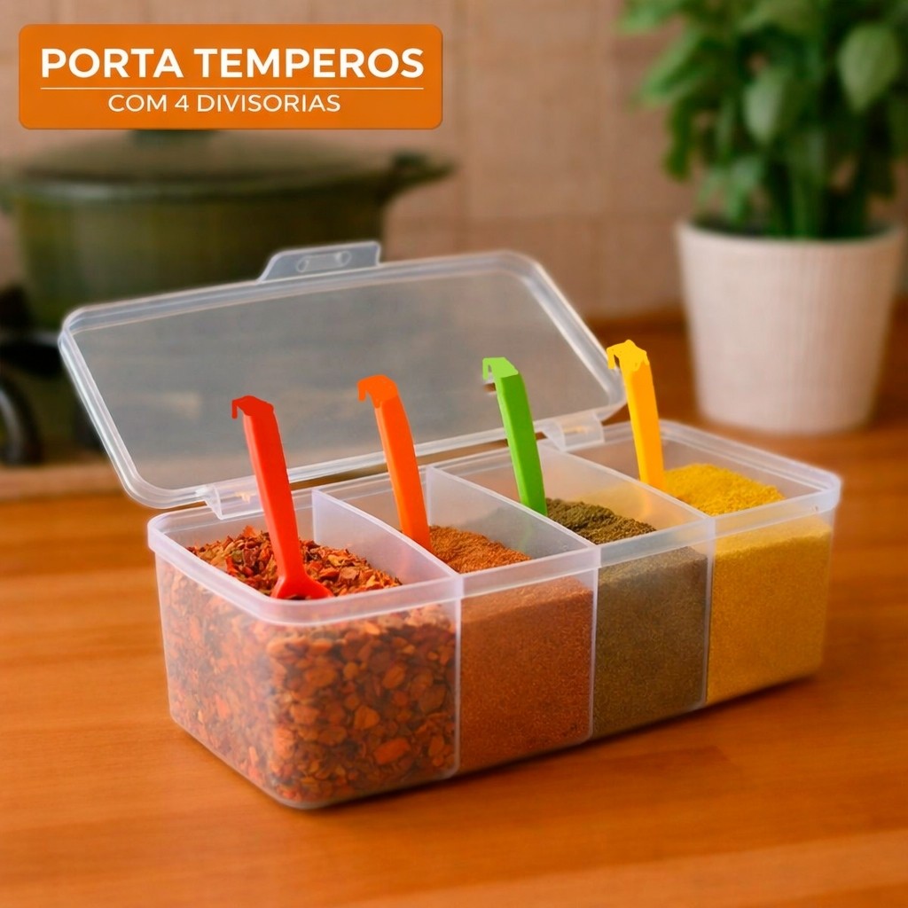 Porta tempero pote 4 divisorias porta condimentos 4 conchas colher medidora organizador tempero chás em Oferta na Shopee