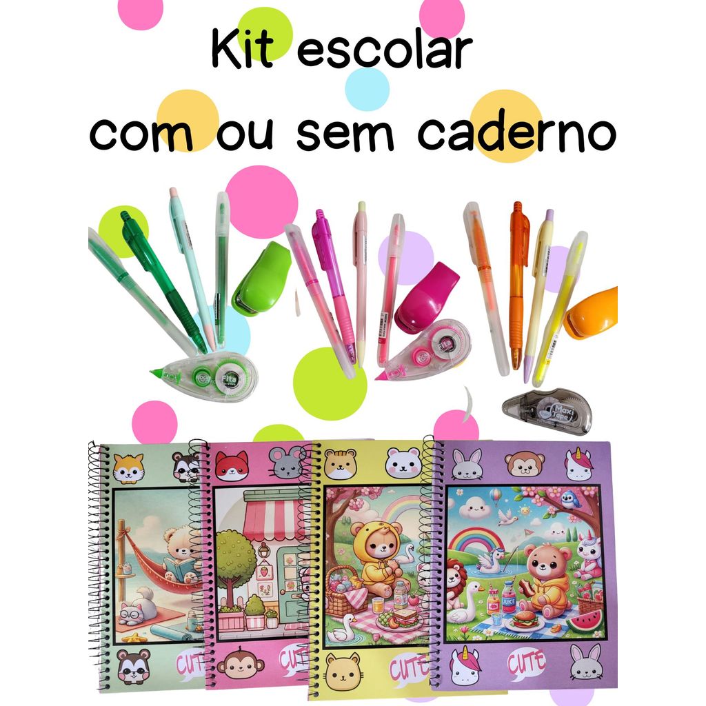 Kit escolar caderno 10 matérias caneta corretivo grampeador lapiseira marca texto a escolher volta as aulas material esc