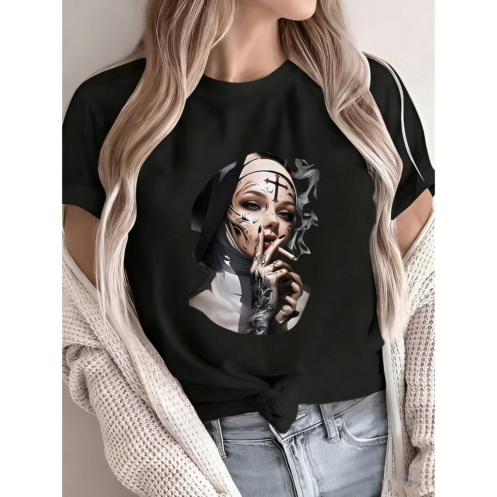 Blusa de Moletom Feminina com Estampa de Nossa Senhora e Cruzeiro, Preta, de Algodão, para Ocasiões Casuais