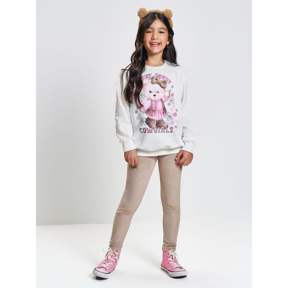 Conjunto Infantil Cinti Inverno com Calça Legging Bege e Moletom Flanelado Ursinha Lacinho