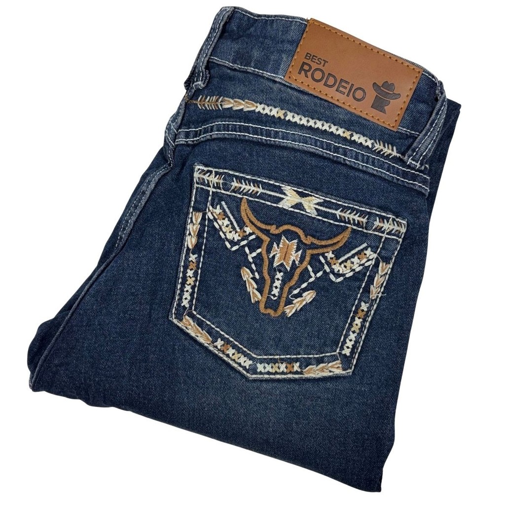 Calça Best Rodeio Feminina Bordada Long Horn Jeans Com Lycra