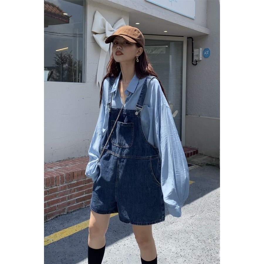 2026Salt-style retro high-waisted denim overalls shorts for petite women, summer loose straight slim-fit shorts, comfort
