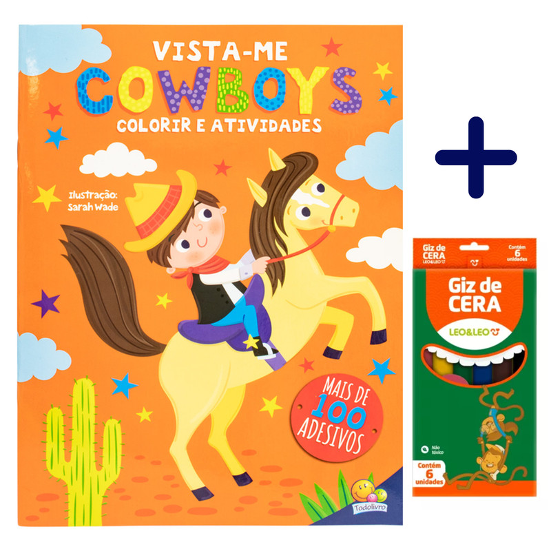 Livro Vista-me! Cowboys + Caixa de Giz de Cera SBN Crianças Filhos Infantil Desenho História