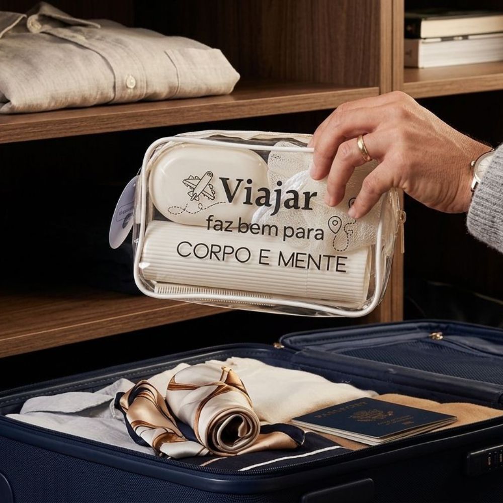 Kit 5 Pçs para Viagem com Bolsa Transparente – Saboneteira, Porta Escova de Dente, Pente e Bucha