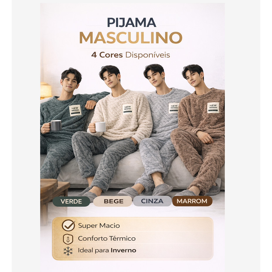 Conjunto Pijama Masculino Inverno Peluciado Manga Longa Roupa De Dormir Confortável Quente Casual Homewear