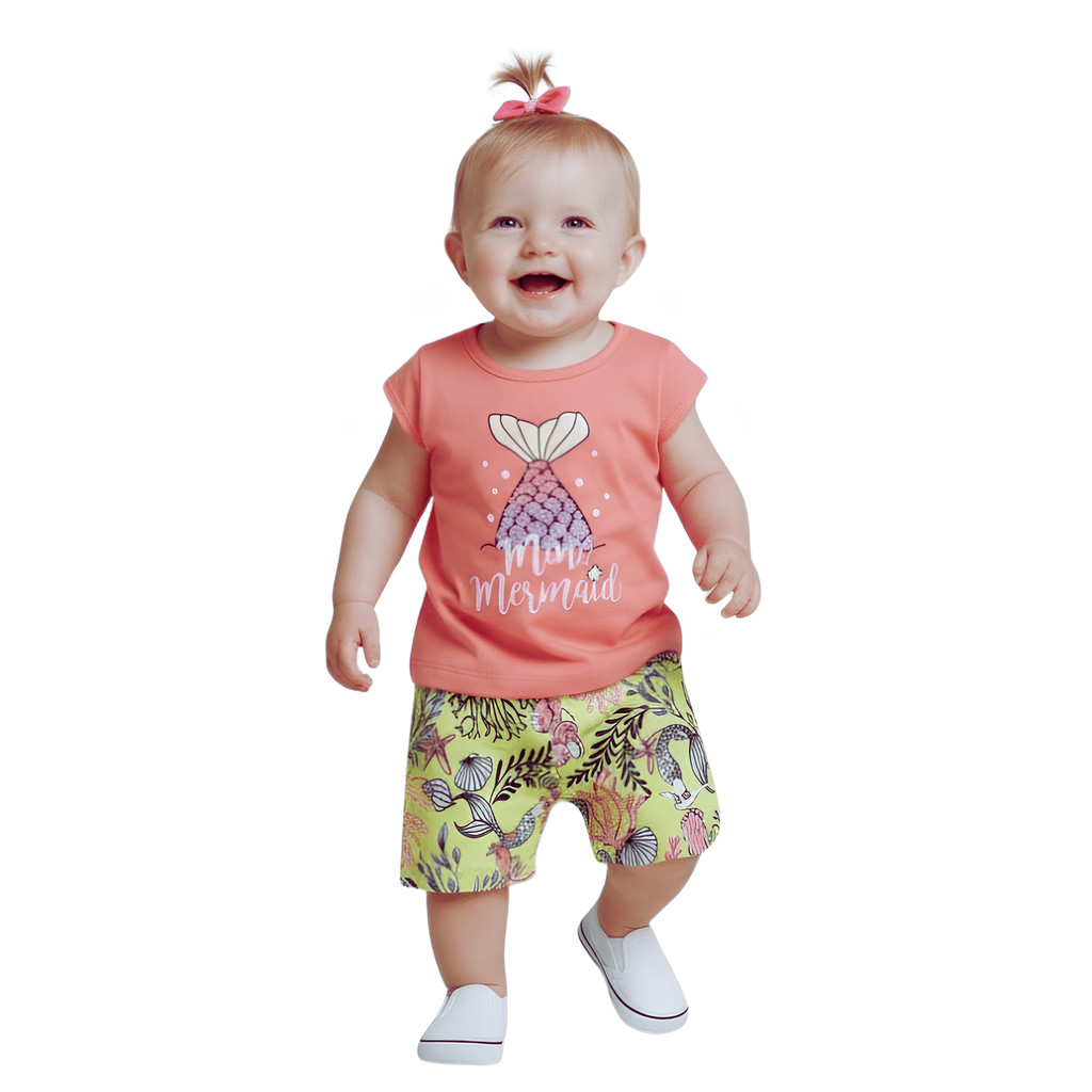 Conjunto Verão Bebê Infantil Menina Blusa Em Cotton E Shorts Estampado