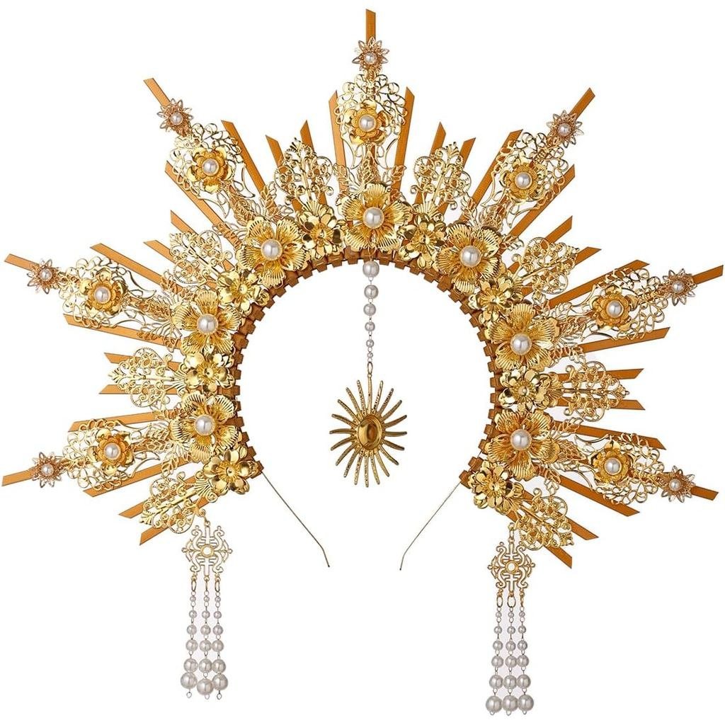 BLESSUME Goddess Gold Spike Halo Crown Headpiece NYLON ZIP TIE Wedding Bride Hair Band Tiara…