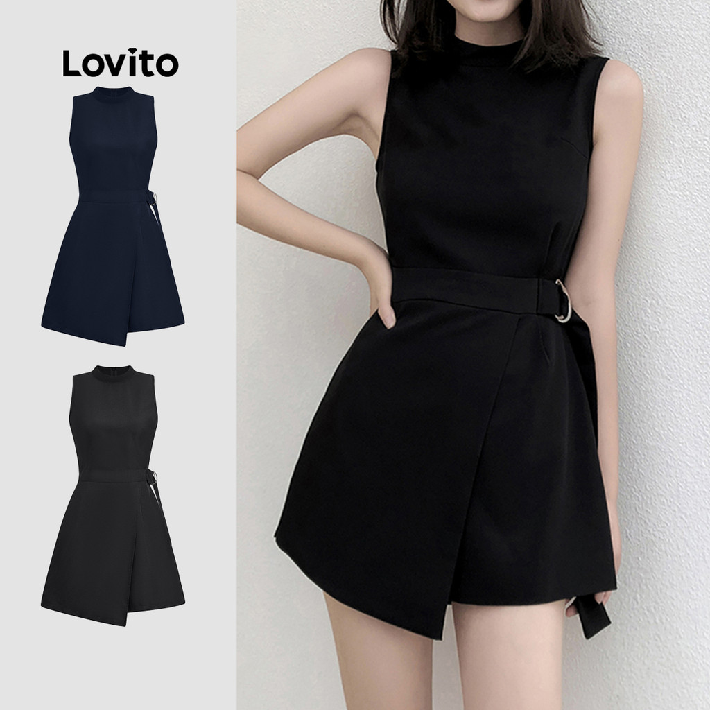 Lovito Macacão Casual Liso Assimétrico Com Fivela De Metal Primavera/Verão Preto Para Mulheres L135A2D274