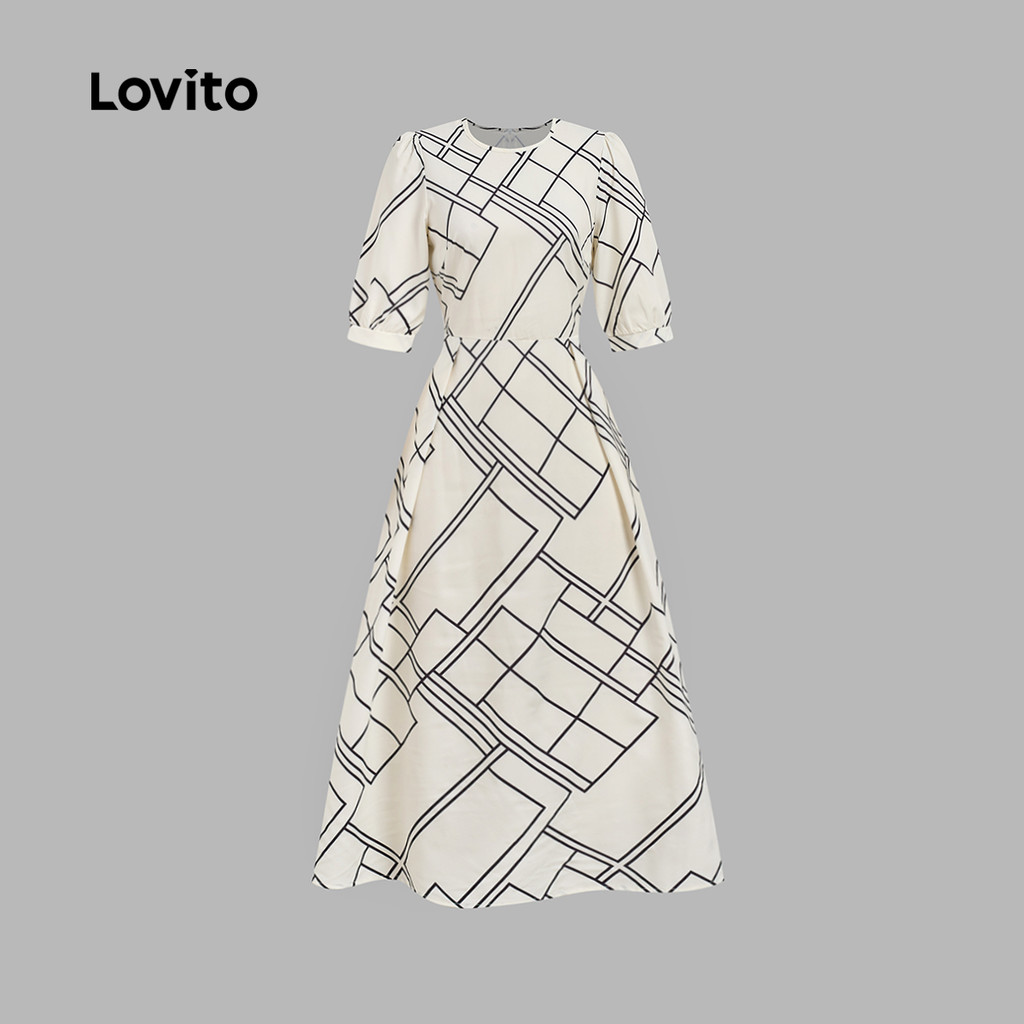 Lovito Midi Vestido Elegante com Linhas Geométricas em Tons de Damasco para Mulheres primavera/verão LBL35169 · foto 2