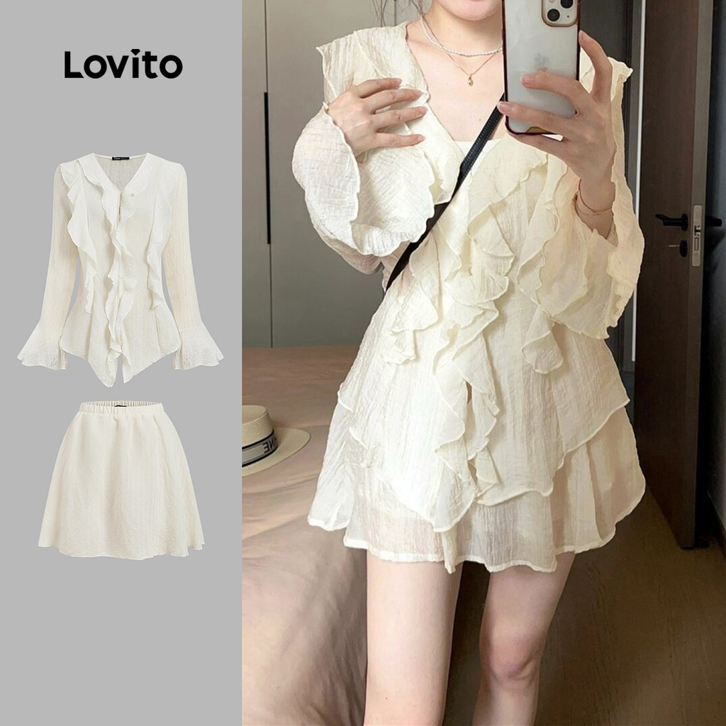 Lovito Top Casual Com Babado Liso Com Forro E Tops De Segurança Ou Saia Para Mulheres L61AD100