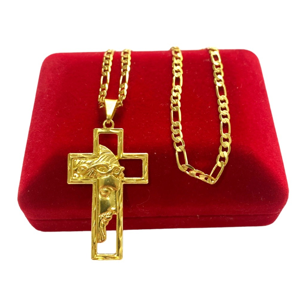 Cordão Banhado em Ouro 18K 3x1 3MM - CRUZ COM ROSTO DE JESUS -  BANHO DE OURO 18K - UNISSEX