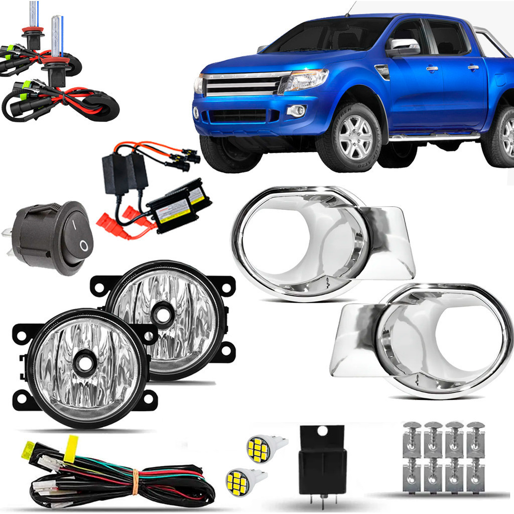 Kit Farol Milha Neblina Auxiliar Cibie Farolete Ford Ranger 2012 13 14 2015 Moldura Cromada + Lâmpadas Xenon 8000K