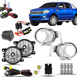 Kit Farol Milha Neblina Auxiliar Cibie Farolete Ford Ranger 2012 13 14 2015 Moldura Cromada + Lâmpadas Xenon 8000K