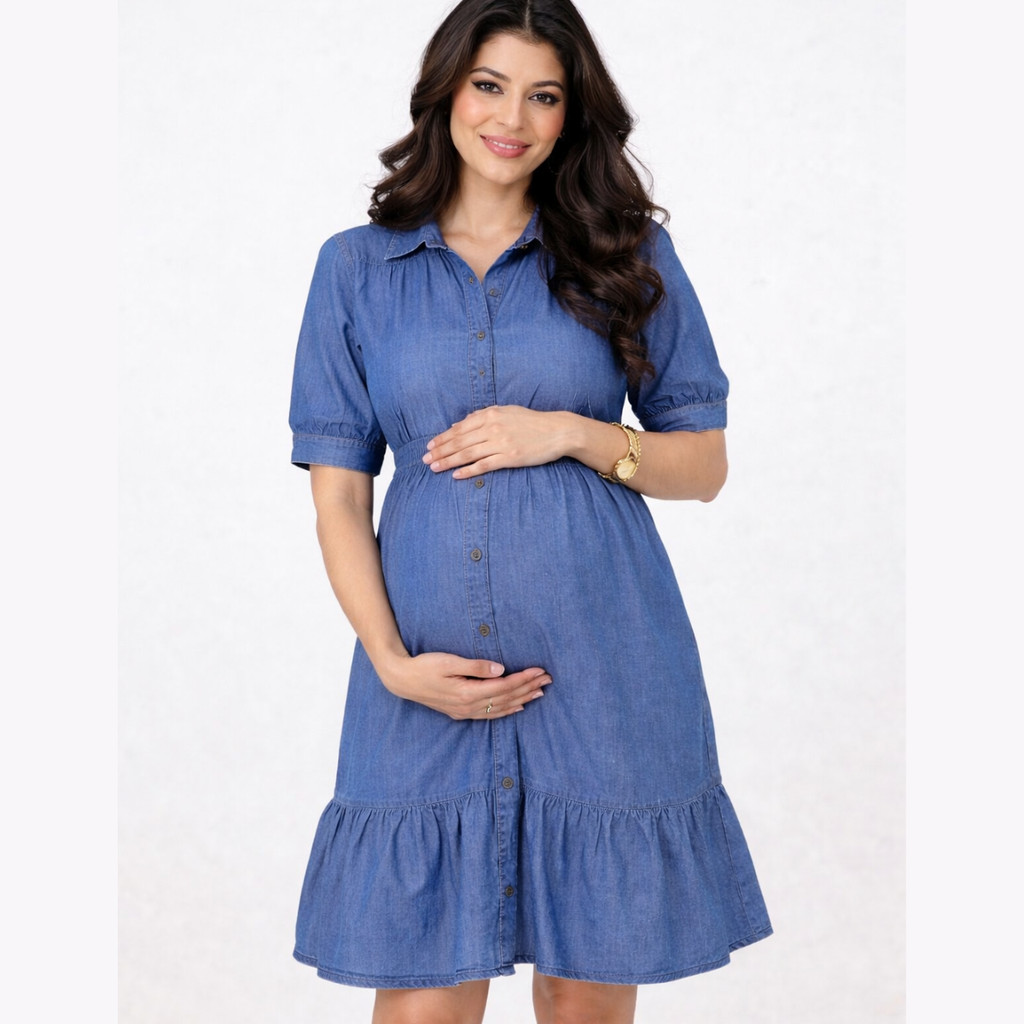 Vestido Jeans Curto Gestante Lactante Botões Amamentação Maternidade Confortável