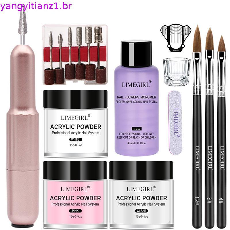 LIMEGIRL Kit De Pó Acrílico E Líquido Para Unhas , Sem Necessidade De Lâmpada UV , Conjunto De Extensão De Cristal Trans