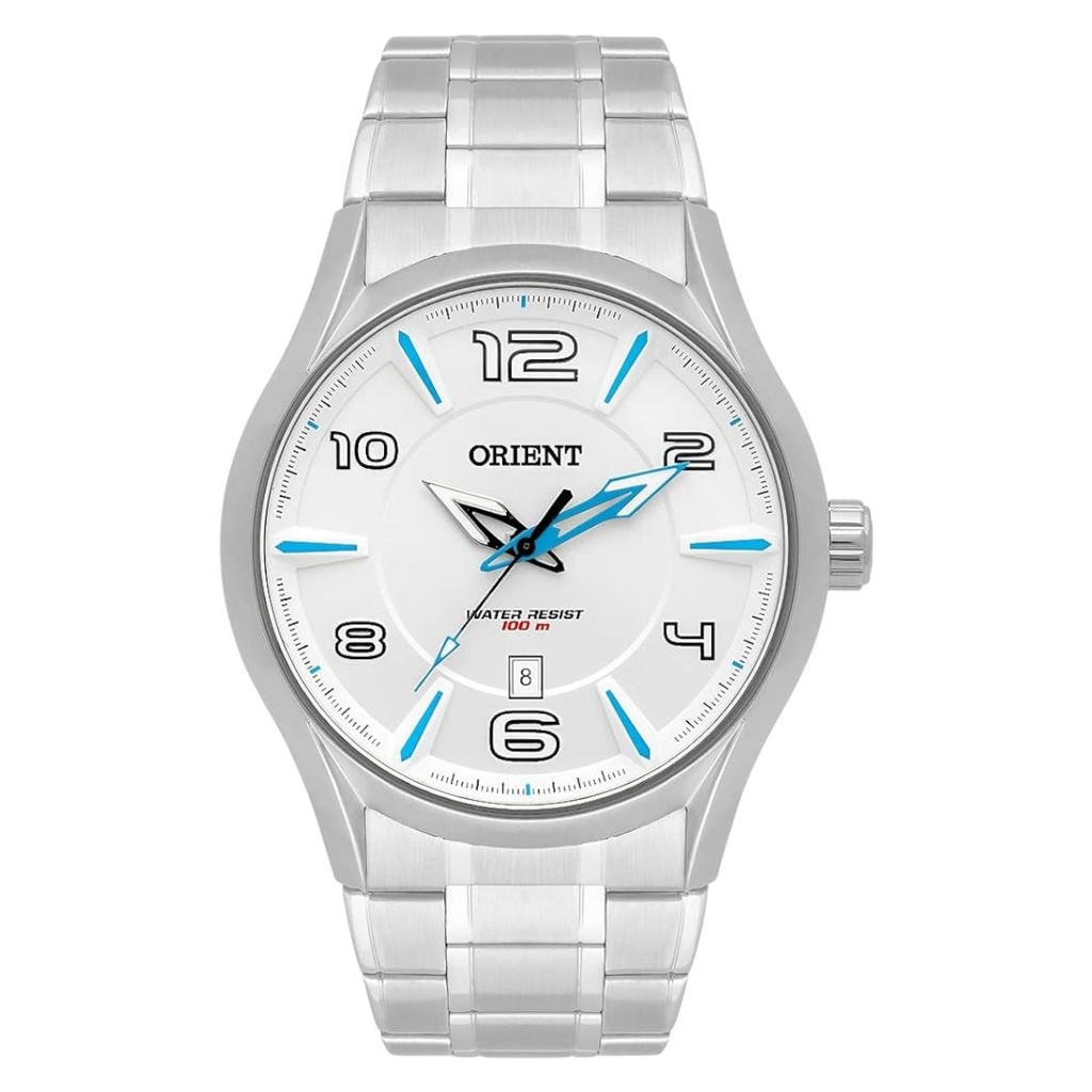 Relógio Orient Prateado Fundo Branco Detalhes Azul MBSS1318S2SX