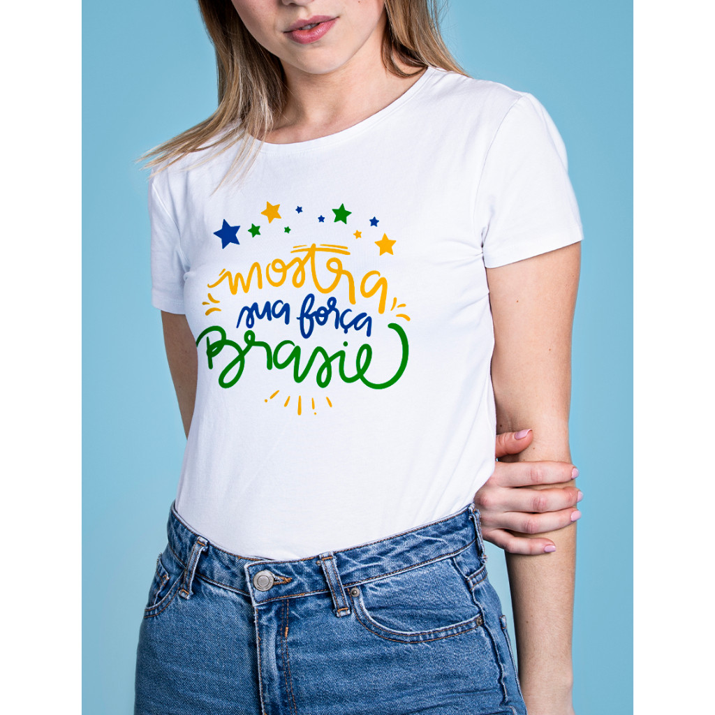 Camiseta MOSTRA SUA FORÇA BRASIL 100% Algodão Unissex Camisa Copa do Mundo Futebol Jogo Torcida