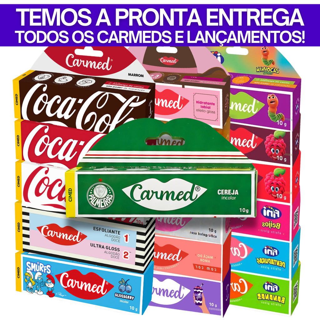 Todos Lançamentos Hidratante Labial Carmed - Palmeiras, Máscara Chocolate, Sprite, Coca-Cola, Doces