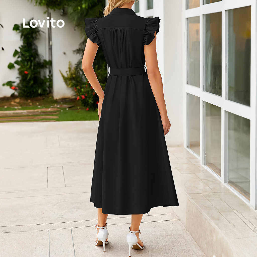Lovito Babado Vestido Preto Elegante com Cinto e Botões Na Frente Vestido de Primavera/verão para mulheres L34LD142 · foto 2