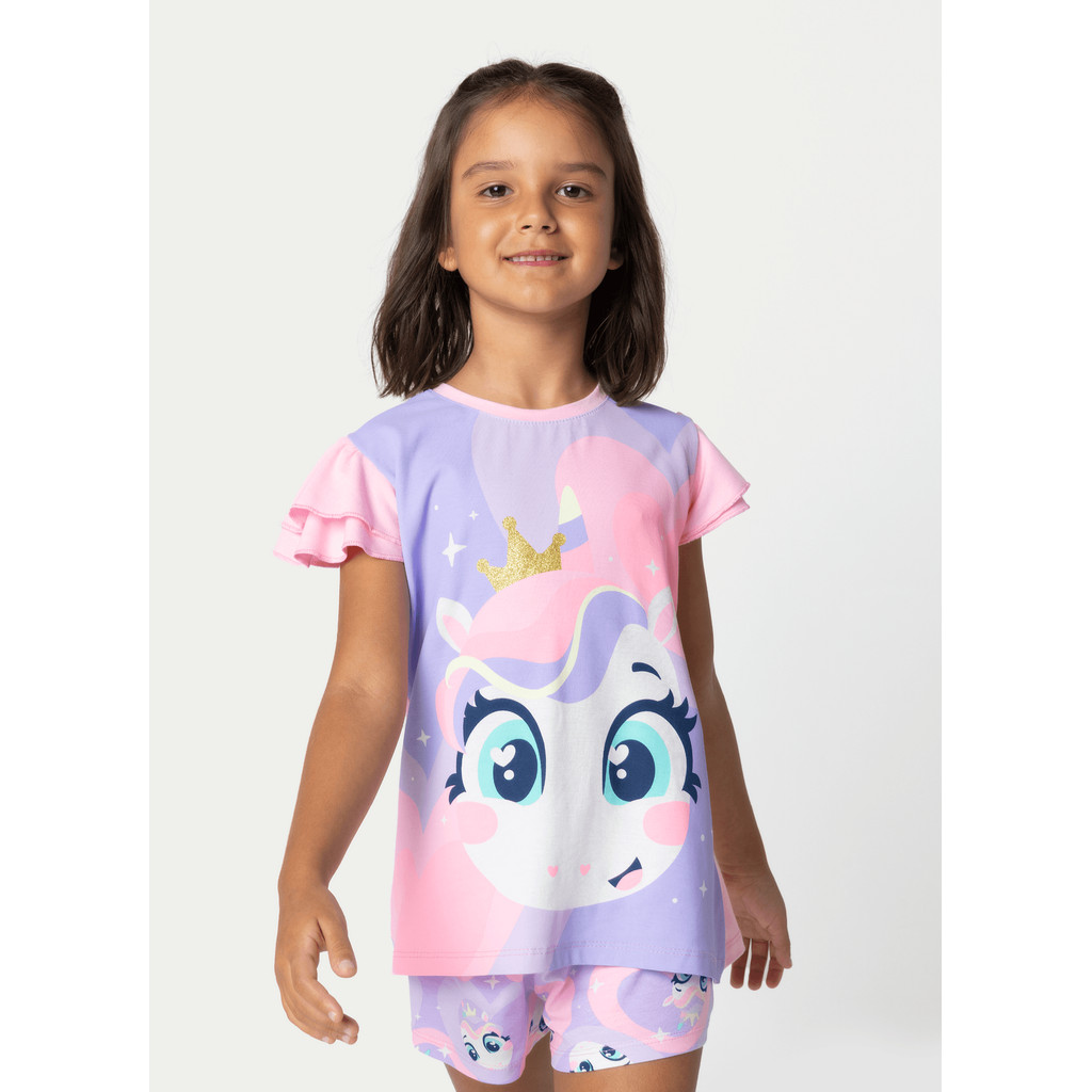Pijama Short Doll Unicórnio Diamante Puket Original Menina Infantil Festa do Pijama Verão Curto